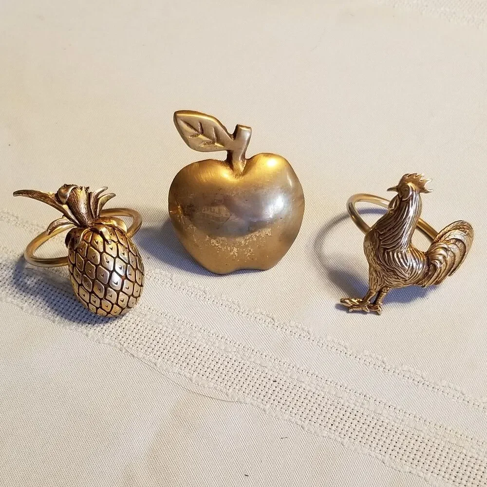 Set of 3 Figural Napkin Rings – Apple, Rooster, Pineapple